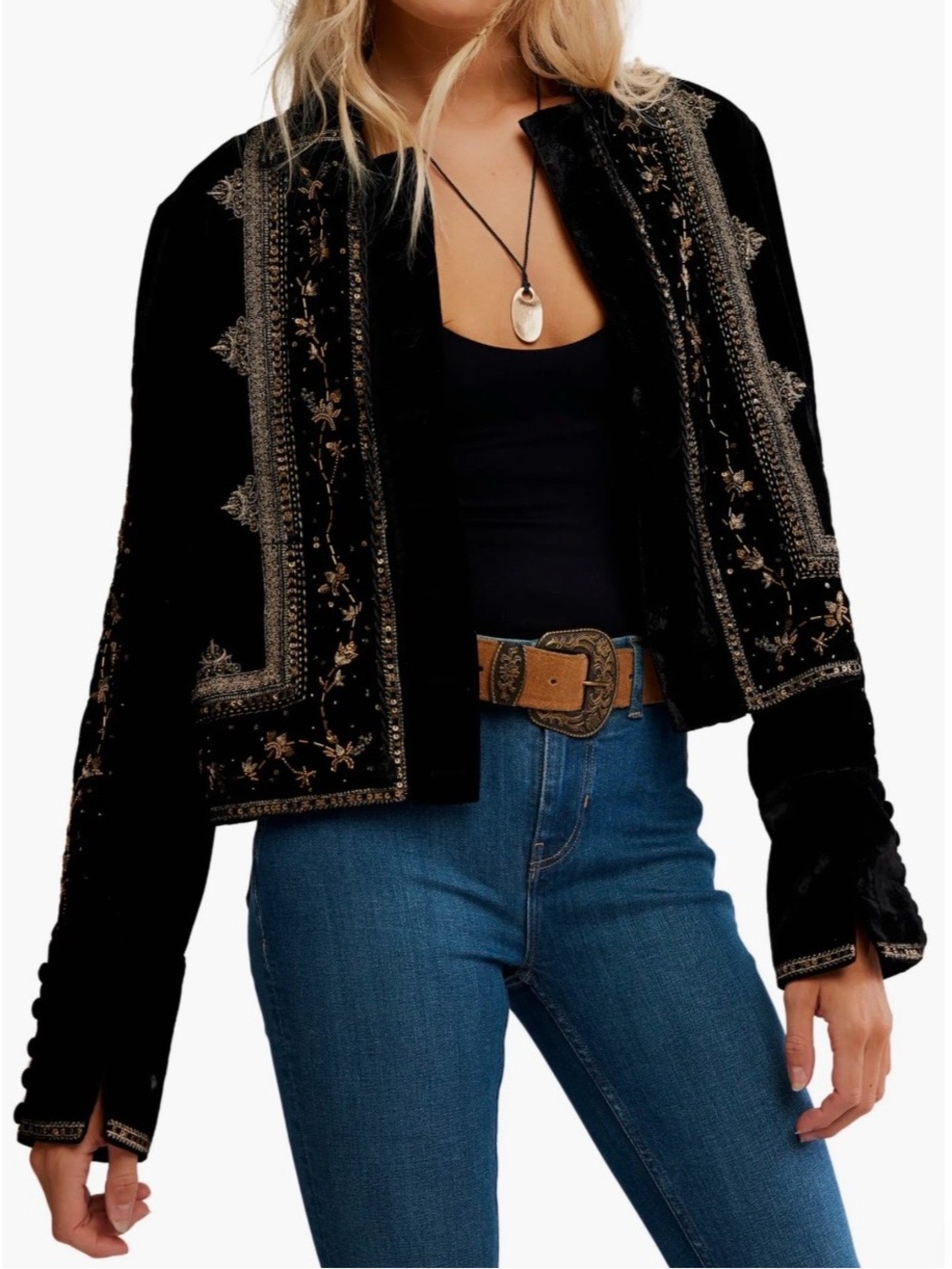 Free People Black Velvet Gold Beaded Embroidered Cropped Jacket XS